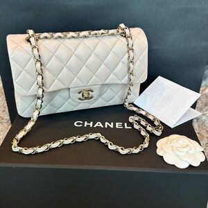 Chanel Classic Flap Small; Light Beige Lambskin w/ Champagne Hardware